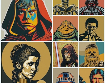 Luke Skywalker, Princess Leia, Darth Vader, Yoda, Obiwan Kenobi,  Han Solo, Chewbacca, 3Cpo, Art Print, Star Wars Art Work by able6