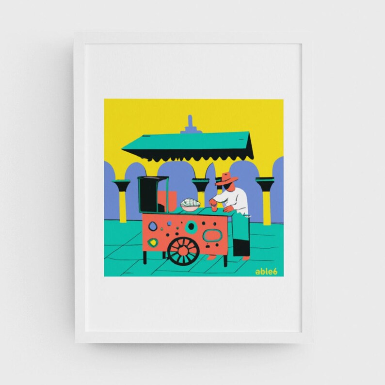 Puede incluir: Una ilustraci&oacute;n colorida de un vendedor ambulante vendiendo comida desde un carro con un toldo verde. El vendedor lleva un sombrero rojo y una camisa blanca. El carro est&aacute; decorado con c&iacute;rculos coloridos y tiene una rueda grande. El fondo es una pared amarilla con arcos morados.