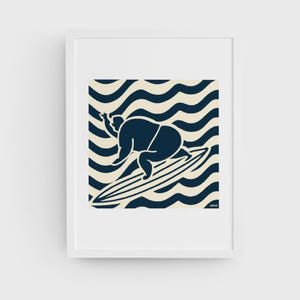 May include: A blue silhouette of a person surfing on a wave with a white background. The wave is represented by a pattern of blue and white stripes.