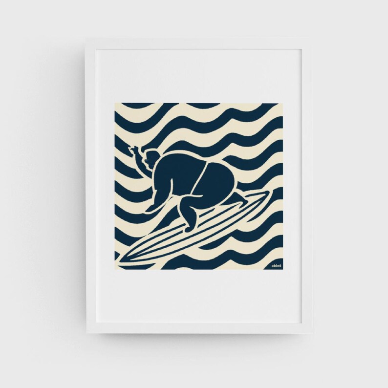 May include: A blue silhouette of a person surfing on a wave with a white background. The wave is represented by a pattern of blue and white stripes.