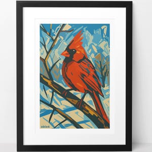 Northern cardinal songbird botanical art print, Vibrant red cardinal winter birch trees, Realistic male cardinal bird watercolor wall decor