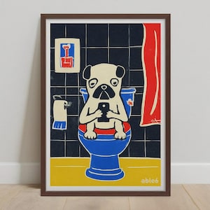 Minimalist pug illustration giclee print, Colorful pop art pug portrait gallery wall prints, Pug wall art for living room farmhouse decor