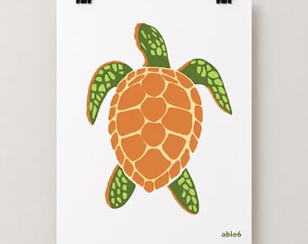 Sea Turtle Linocut Style Print - Tranquil Nature Art