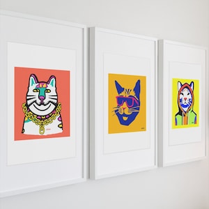 Cute hip hop cat art print with gold chains, Rapping cats artwork, Funny urban cat rapper art