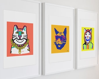 Hip Hop Cat Art Print, Gold Chains, Funny Rapper Artwork