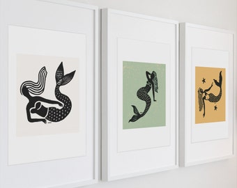 Minimalist Mermaid Art Print Set: Girls Room Wall Decor