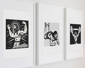 Jesus at Gym Working Out Art Print: Weightlifting, Planks, Kettlebells (Limited Edition)