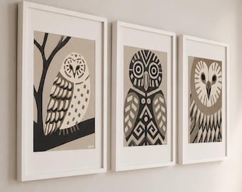 Set of 3 Barn Owl Prints | Scandinavian Geometric Bird Art, Neutral Nordic Decor [UNFRAMED]