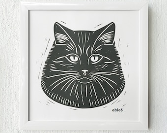 Fat Cat Minimalist Black & White Art Print - Cat Face Artwork by able6