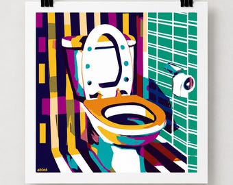 Retro colorful watercolor style toilet art print for powder room or bathroom