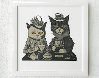 Cats In Victorian Outfits Having A Tea Party Art Print -  Funny Cat Art, Cat Lover Gift, 12 x 12 Square Cat Artwork - UNFRAMED