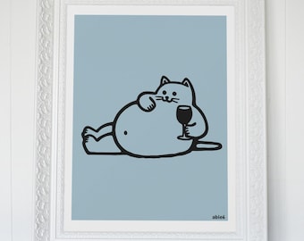 Cat Wine Art Print: Funny Feline Merlot Illustration by able6