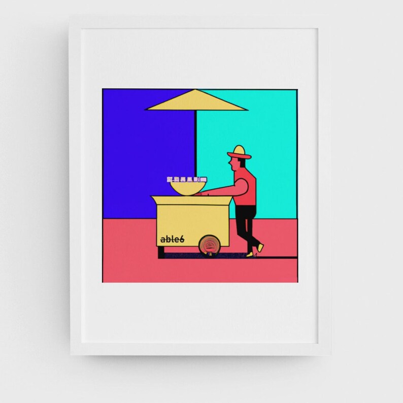 Puede incluir: Un carro de comida amarillo y rojo con un fondo azul y turquesa. El carro tiene una sombrilla amarilla y una persona con una camisa roja y un sombrero est&aacute; de pie junto a &eacute;l. El carro tiene la palabra "able6" impresa en el lateral.