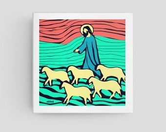 Jesus Good Shepherd Art Print - Modern Christian Wall Art - Jesus Walking With Sheep Artwork - Modern Scripture Art - Van Gogh Jesus Christ