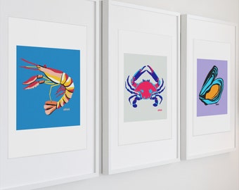 Lámina artística para amantes del marisco: gambas, cangrejo y mejillones.