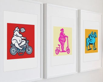 Curvy Girls Riding Bikes, Scooters, Horses - Plus Size Women Art Prints - Fat Girl Poster - Whimsical Fat Acceptance Art - Funny Art Print