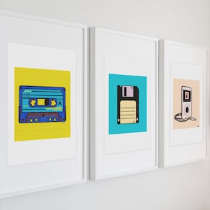 80s Tech Art Print Set: Cassette Tape, Floppy Disk, iPod