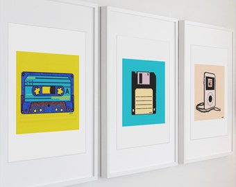 1990s Tech Art Print Set: Cassette Tape, Floppy Disk, iPod Retro Art