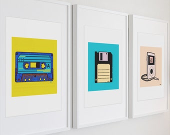 Cassette Tape Print - Floppy Disk Art - Apple Ipod Classic Artwork - Retro Wall Art Prints - Outdated 80s 90s Technology Wall Art Decor