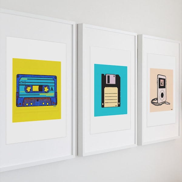 Cassette Tape Print - Floppy Disk Art - Apple Ipod Classic Artwork - Retro Wall Art Prints - Outdated 80s 90s Technology Wall Art Decor