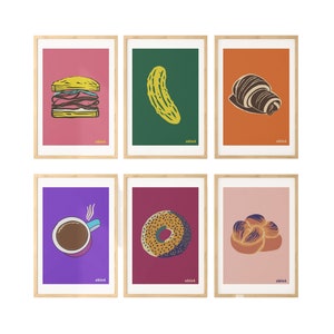 Gravuras de arte com tema de comida judaica: Pastrami, picles, bagel, challah - 28 x 35 cm (sem moldura)