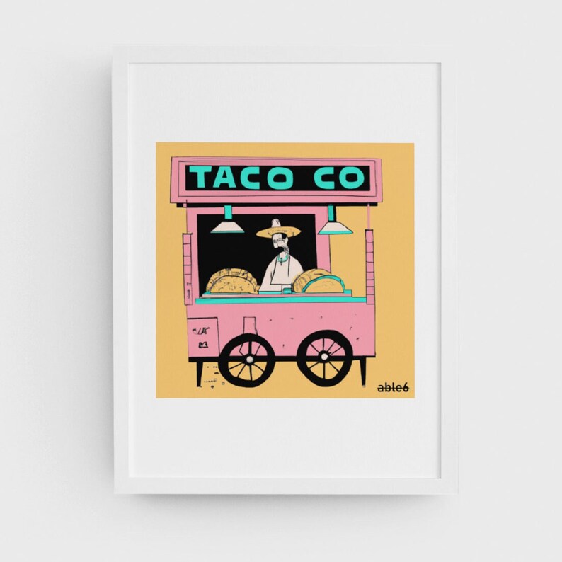 Puede incluir: Una ilustraci&oacute;n de un cami&oacute;n de tacos rosa y amarillo con las palabras "Taco Co" en la parte delantera. Una persona con sombrero est&aacute; de pie detr&aacute;s del mostrador. El cami&oacute;n tiene ruedas y un letrero que dice "able6".
