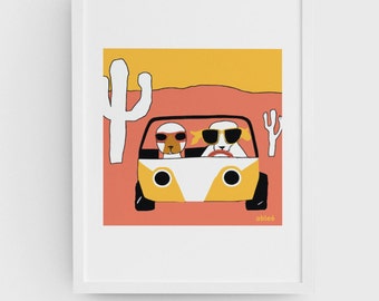 May include: Two cartoon dogs wearing sunglasses drive a yellow dune buggy in a desert landscape with cacti. The text "able6" is in the bottom right corner.