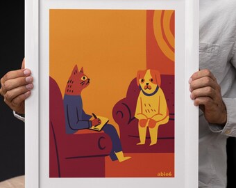 Cat Therapist Art Print: Funny Mental Health Illustration