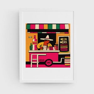 Puede incluir: Una ilustraci&oacute;n colorida de un carrito de comida con una persona que lleva un sombrero y sirve comida. El carrito est&aacute; decorado con un toldo a rayas y las palabras "Mix Ndos" son visibles en el lateral. El carrito est&aacute; sobre ruedas y tiene un taburete delante.