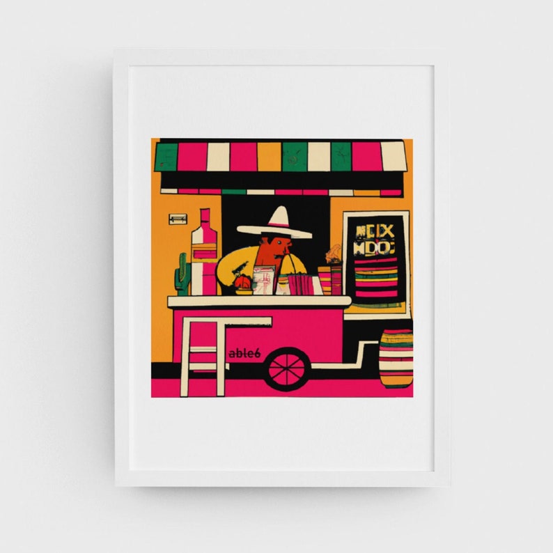 Puede incluir: Una ilustraci&oacute;n colorida de un carrito de comida con una persona que lleva un sombrero y sirve comida. El carrito est&aacute; decorado con un toldo a rayas y las palabras "Mix Ndos" son visibles en el lateral. El carrito est&aacute; sobre ruedas y tiene un taburete delante.