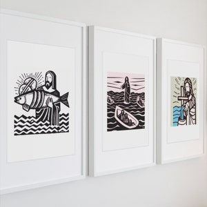 Biblical loaves and fishes miracle art print, Minimalist Jesus feeding 5000 artwork, Modern Christian bread fish multiplication wall art