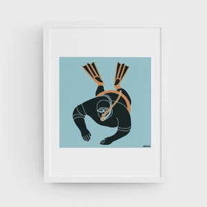 May include: A black and white illustration of a scuba diver wearing a diving mask and fins, against a light blue background. The diver is wearing a black wetsuit and has a diving tank on their back. The illustration is titled "abied".
