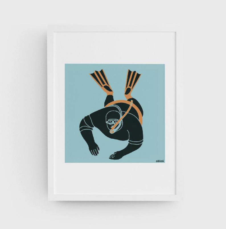 May include: A black and white illustration of a scuba diver wearing a diving mask and fins, against a light blue background. The diver is wearing a black wetsuit and has a diving tank on their back. The illustration is titled "abied".