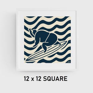 May include: A blue and cream illustration of a person surfing on a wave. The person is depicted as a silhouette with a rounded body shape. The waves are stylized and create a repeating pattern.