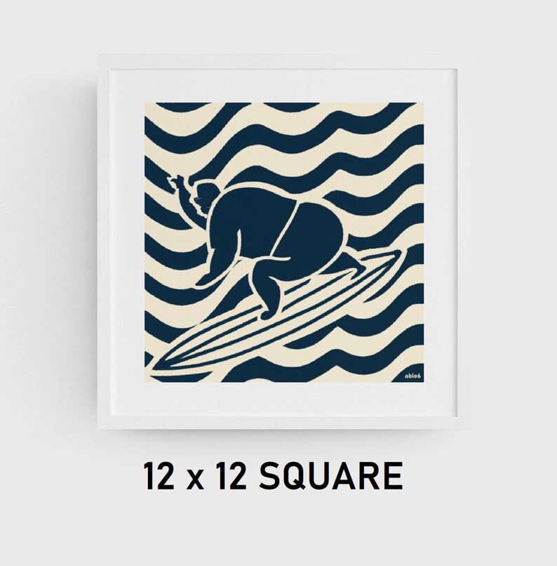 May include: A blue and cream illustration of a person surfing on a wave. The person is depicted as a silhouette with a rounded body shape. The waves are stylized and create a repeating pattern.