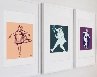 Curvy Girl Sports Art Print: Ballet, Tennis, Ice Skating UNFRAMED - 11 x 14 inches