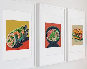 Lámina artística de comida vietnamita: Ilustración de rollitos de verano, pho y banh mi.