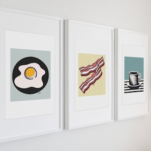 Breakfast fried egg bacon wall art kitchen decor, vintage style bacon eggs illustration