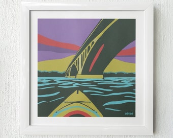 Reprodukcja sztuki „Kajakarstwo na rzece Potomak”: Key Bridge i Georgetown, DC (30 x 30 cm)