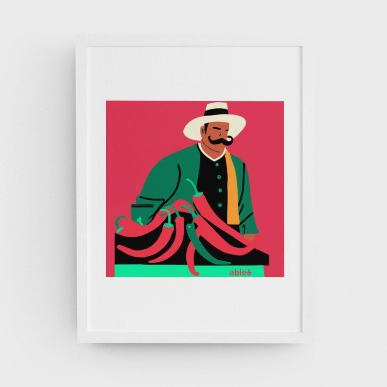 Puede incluir: Un hombre con un sombrero blanco y una chaqueta verde se encuentra frente a un mont&oacute;n de chiles rojos y verdes. El fondo es de color rosa brillante. El texto "abie6" est&aacute; en la parte inferior de la imagen.