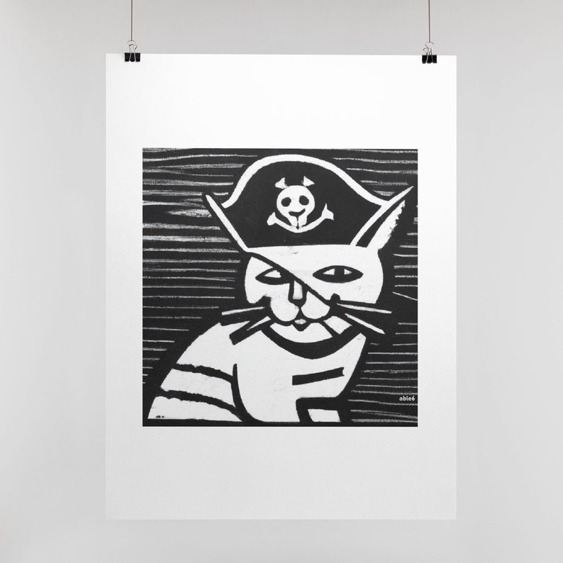 Pirate Cat Art Print Funny Cat Wall Art Cat Pirate Decor Cat Dad Gift Cat Mom Gift Kid's Room Artwork Poster by able6 At Sea