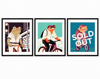 Hipsterska żaba na rowerze – wydruk artystyczny: miejska dekoracja ścienna