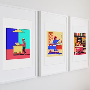 Ilustraciones coloridas de vendedores ambulantes de comida mexicana: Arte moderno mexicano imagen 1
