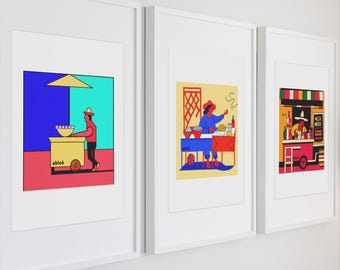 Mexican Colorful street food vendor illustrations: Mexico Modern  Art