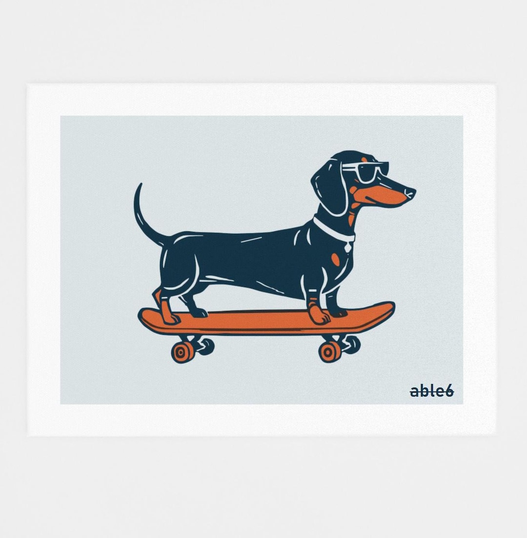 Lámina artística de un perro salchicha en monopatín Ilustración  humorística de un perro salchicha Rollo de salchicha México