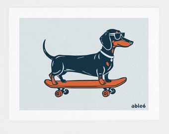 A Dachshund On a Skateboard Art Print - Dachshund Humorous Artwork - Sausage Roll