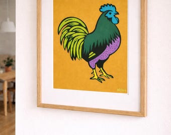 Odbitka w stylu linorytu „Bold Rooster” – dramatyczna sztuka ptaków