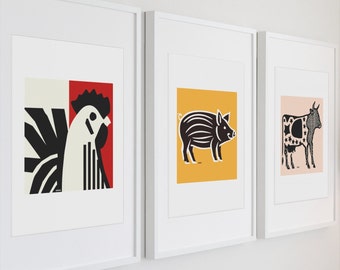 Modern Farm Animal Art Prints: Barnyard Nursery Decor (UNFRAMED)