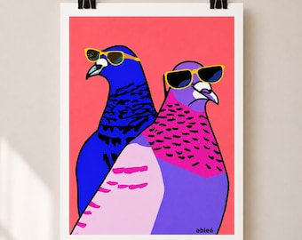 Lámina artística de Pigeon Pals, regalo divertido para mejores amigos, pájaros coloridos