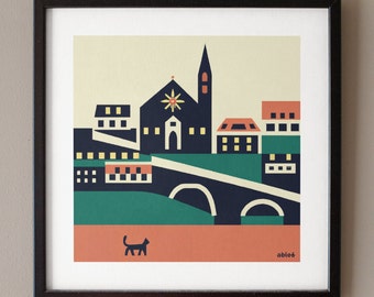 European Village Cat Print: Minimalist Cottage Town Art